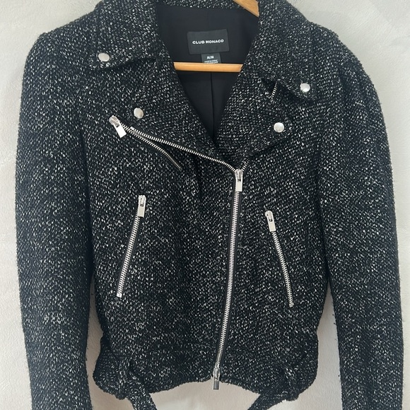 Club Monaco Zina Black Tweed  Belted Moto Jacket wool medium - Picture 7 of 10